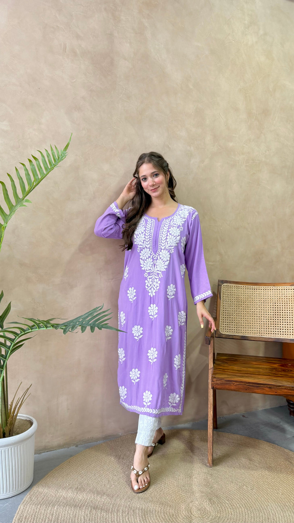 RANJHA LAVENDER PREMIUM RAYON CHIKANKARI LONG KURTA
