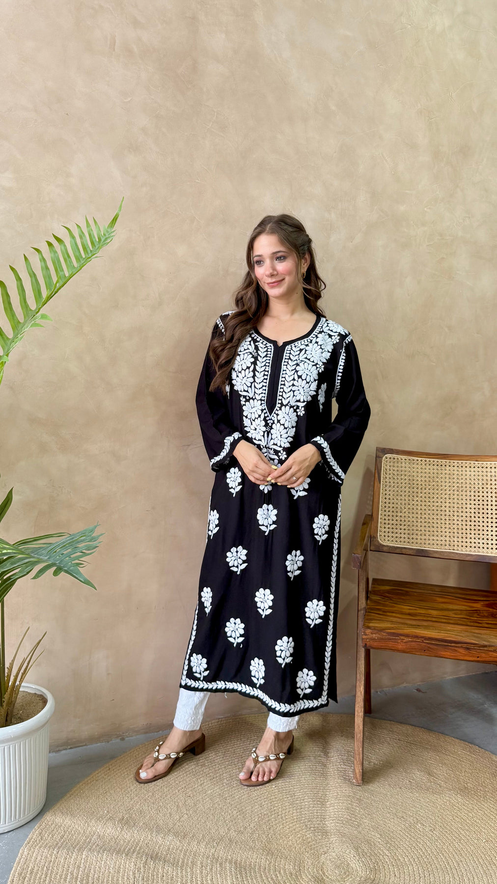 RANJHA BLACK PREMIUM RAYON CHIKANKARI LONG KURTA