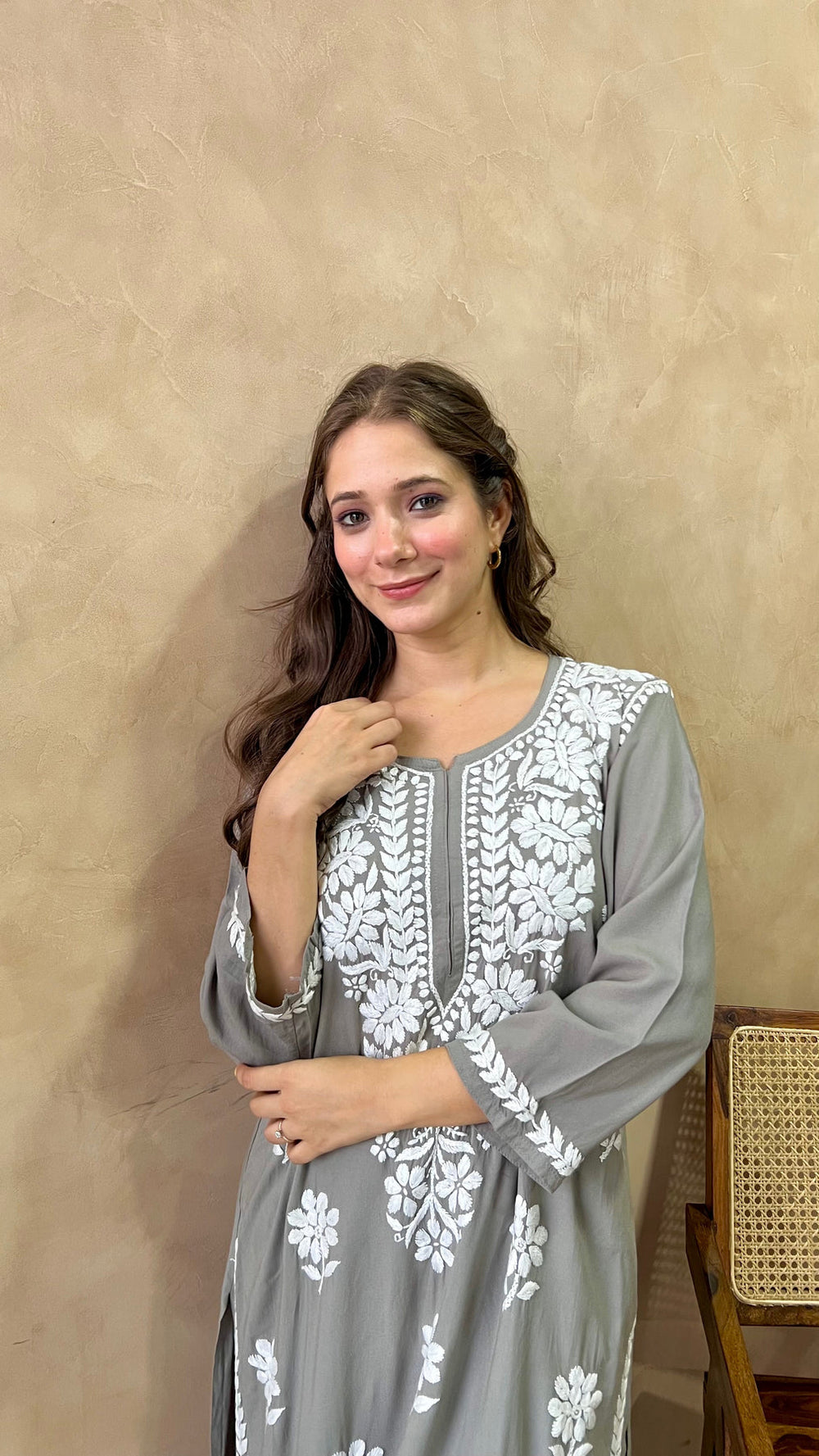 RANJHA GREY PREMIUM RAYON CHIKANKARI LONG KURTA