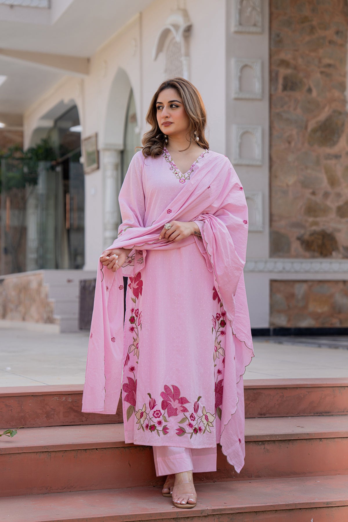 MUSKAAN BLUSH PINK PURE COTTON FLORAL SUIT SET
