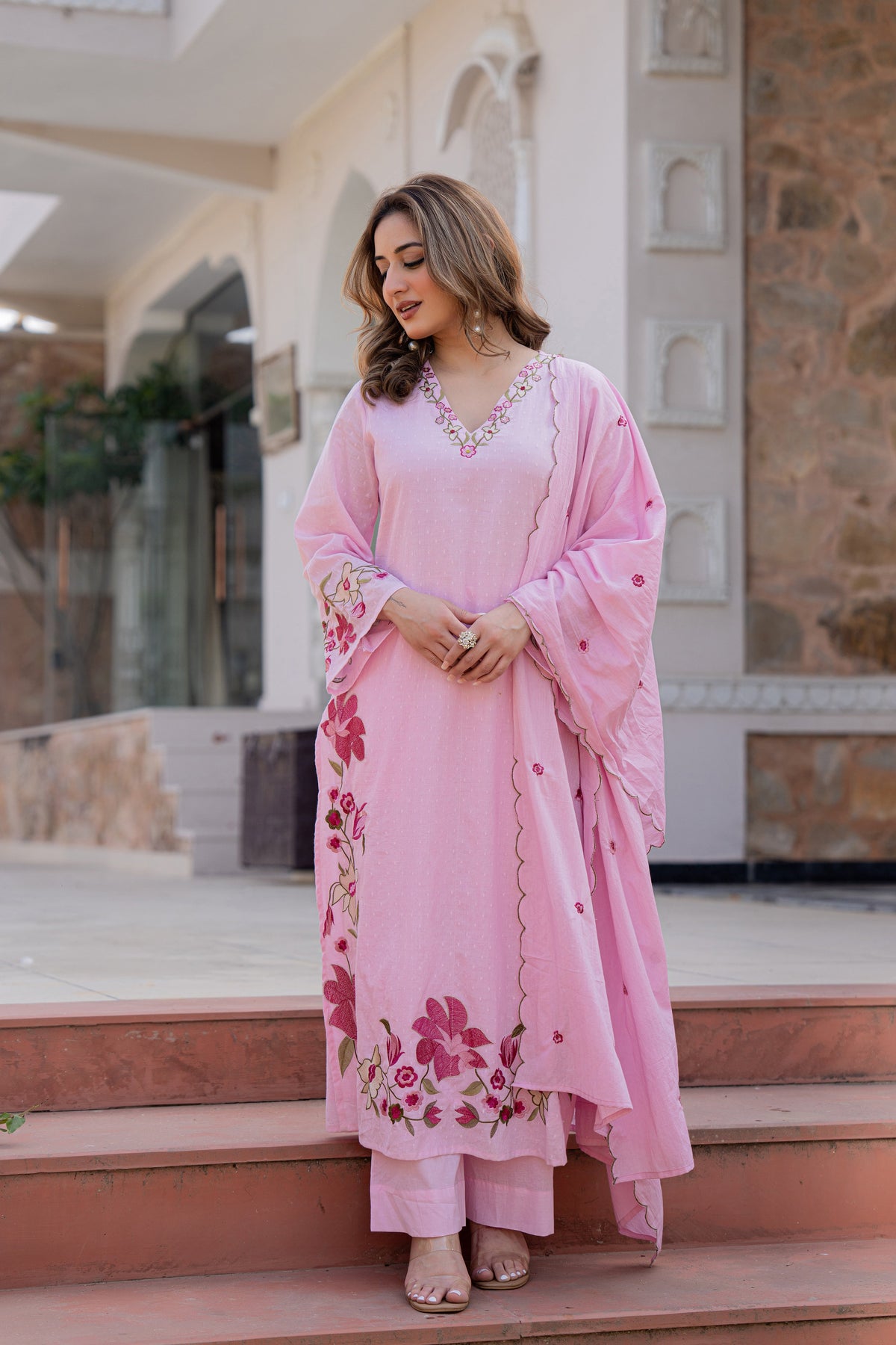 MUSKAAN BLUSH PINK PURE COTTON FLORAL SUIT SET