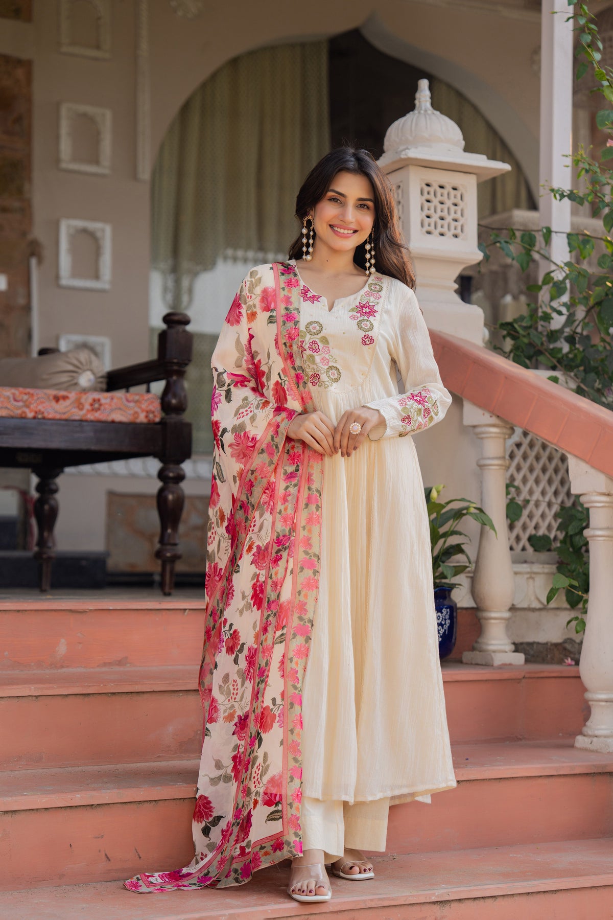 RIMJHIM CREAM FLORAL PREMIUM MUL COTTON SUIT SET