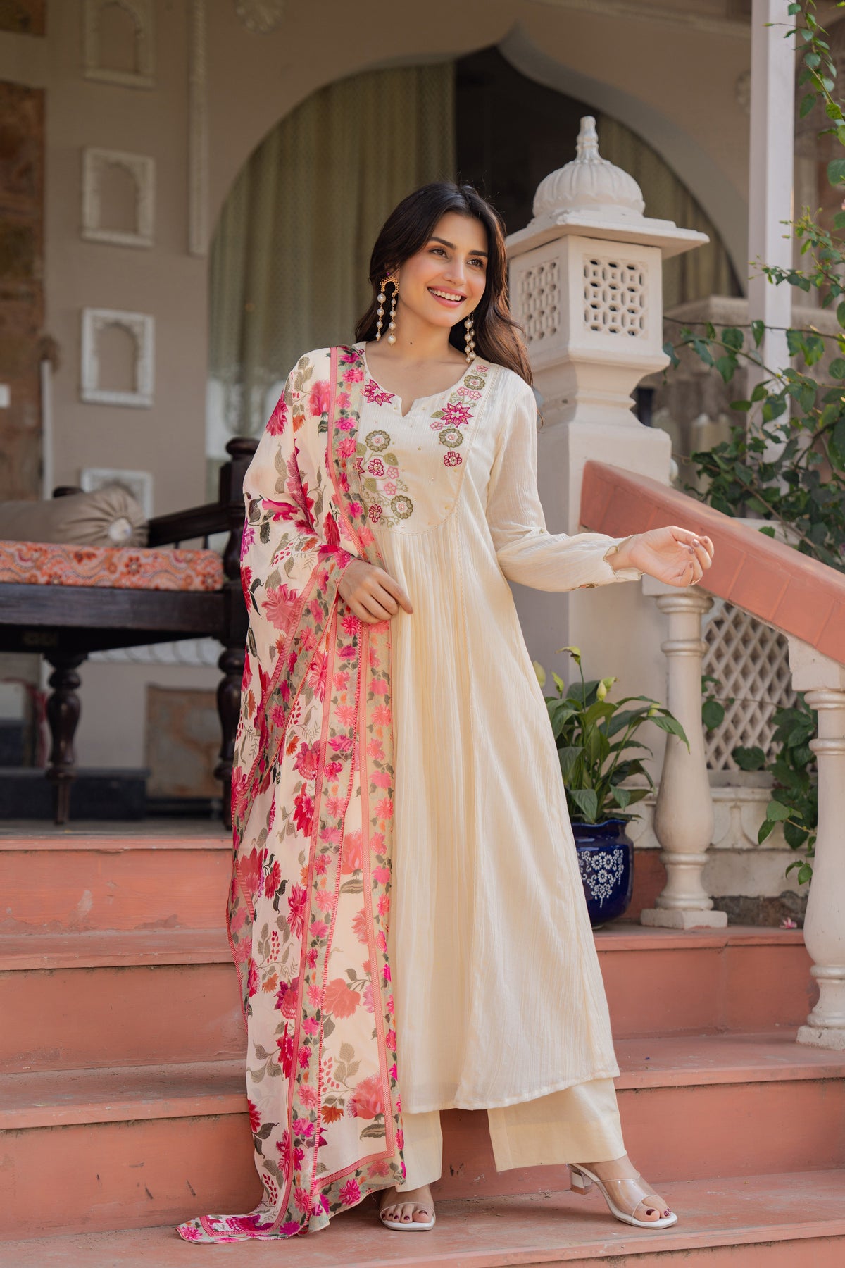 RIMJHIM CREAM FLORAL PREMIUM MUL COTTON SUIT SET