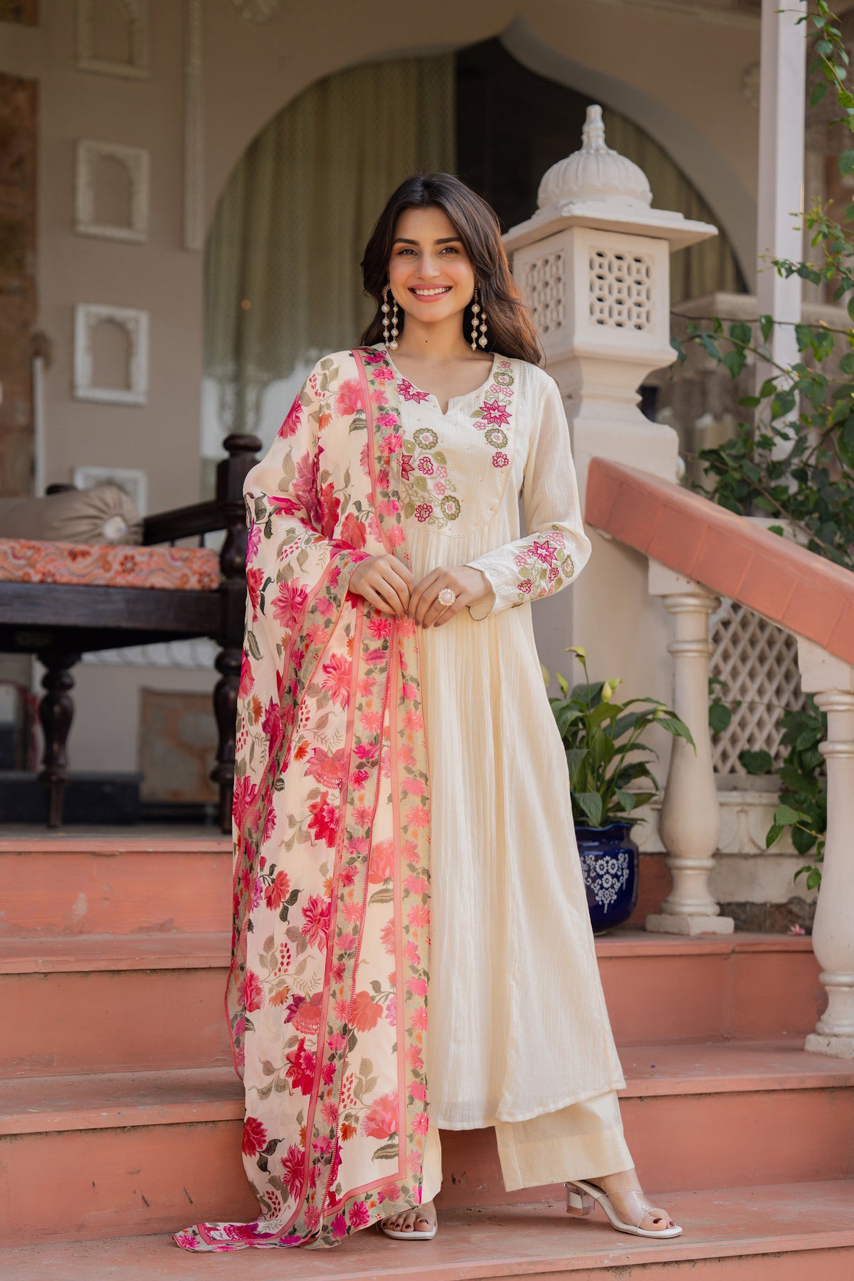 RIMJHIM CREAM FLORAL PREMIUM MUL COTTON SUIT SET