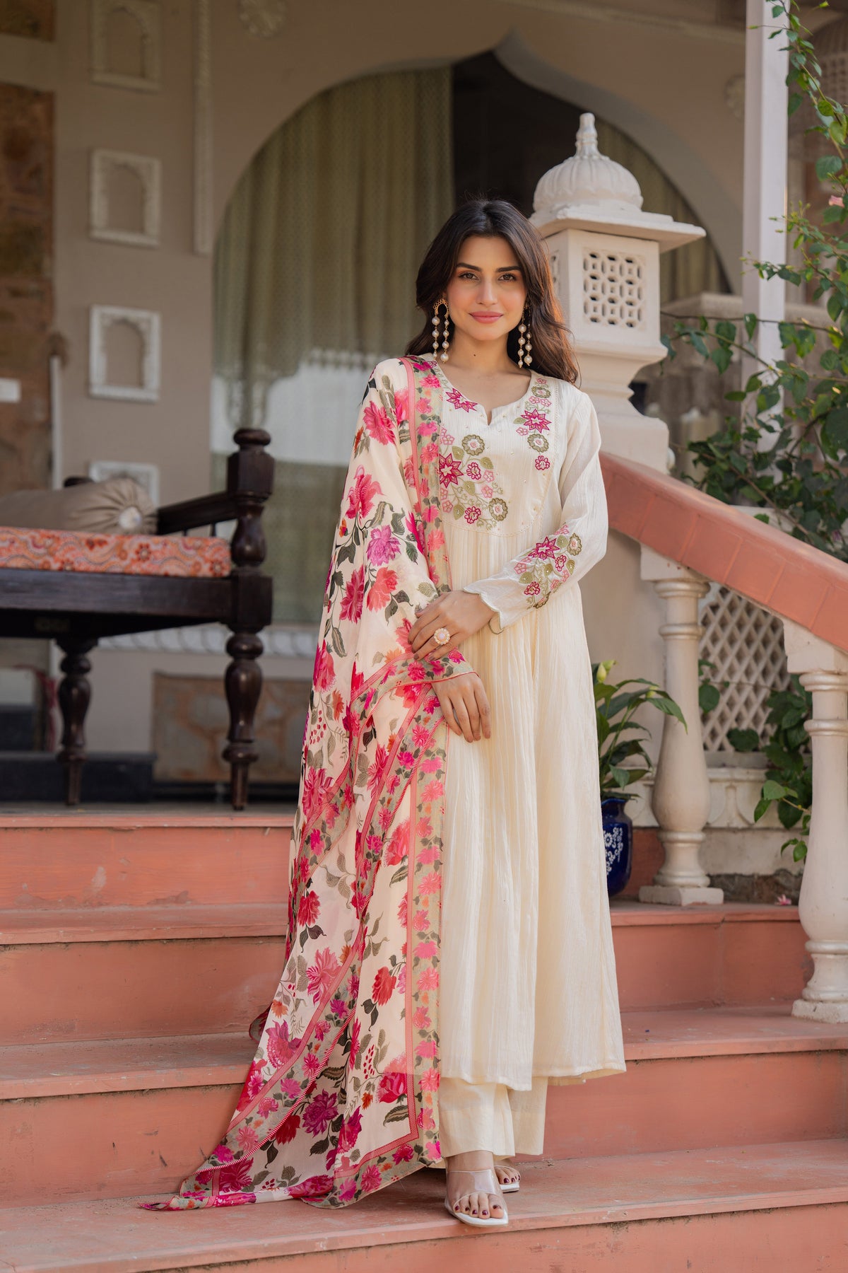 RIMJHIM CREAM FLORAL PREMIUM MUL COTTON SUIT SET
