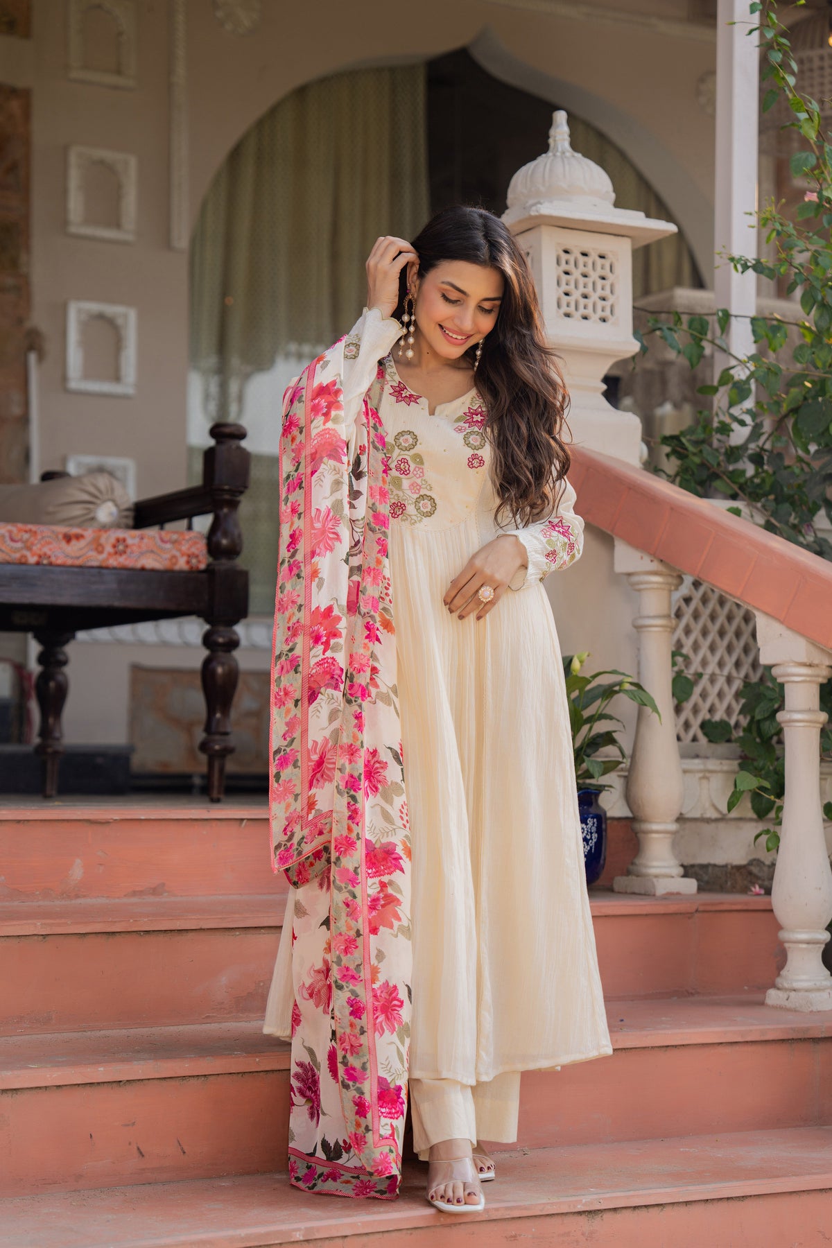 RIMJHIM CREAM FLORAL PREMIUM MUL COTTON SUIT SET