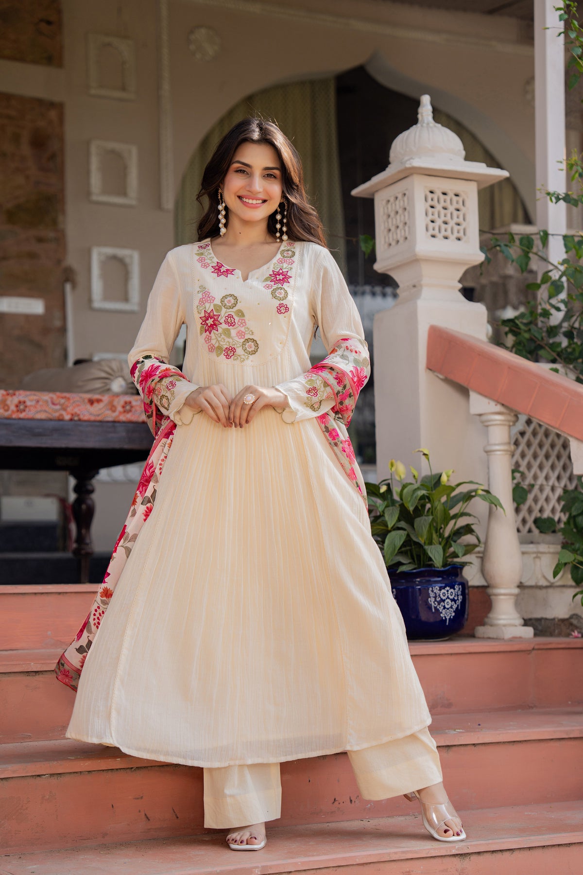 RIMJHIM CREAM FLORAL PREMIUM MUL COTTON SUIT SET