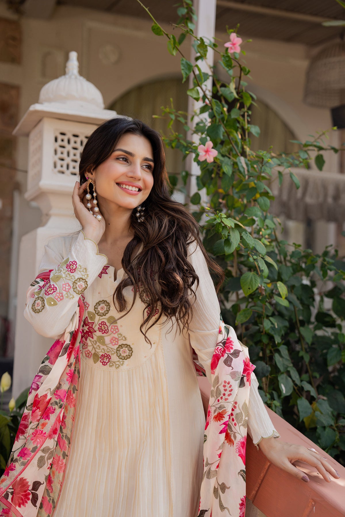 RIMJHIM CREAM FLORAL PREMIUM MUL COTTON SUIT SET