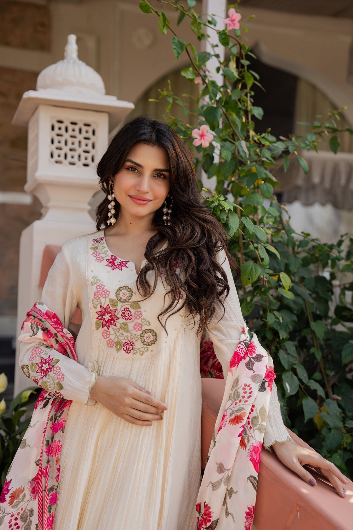 RIMJHIM CREAM FLORAL PREMIUM MUL COTTON SUIT SET