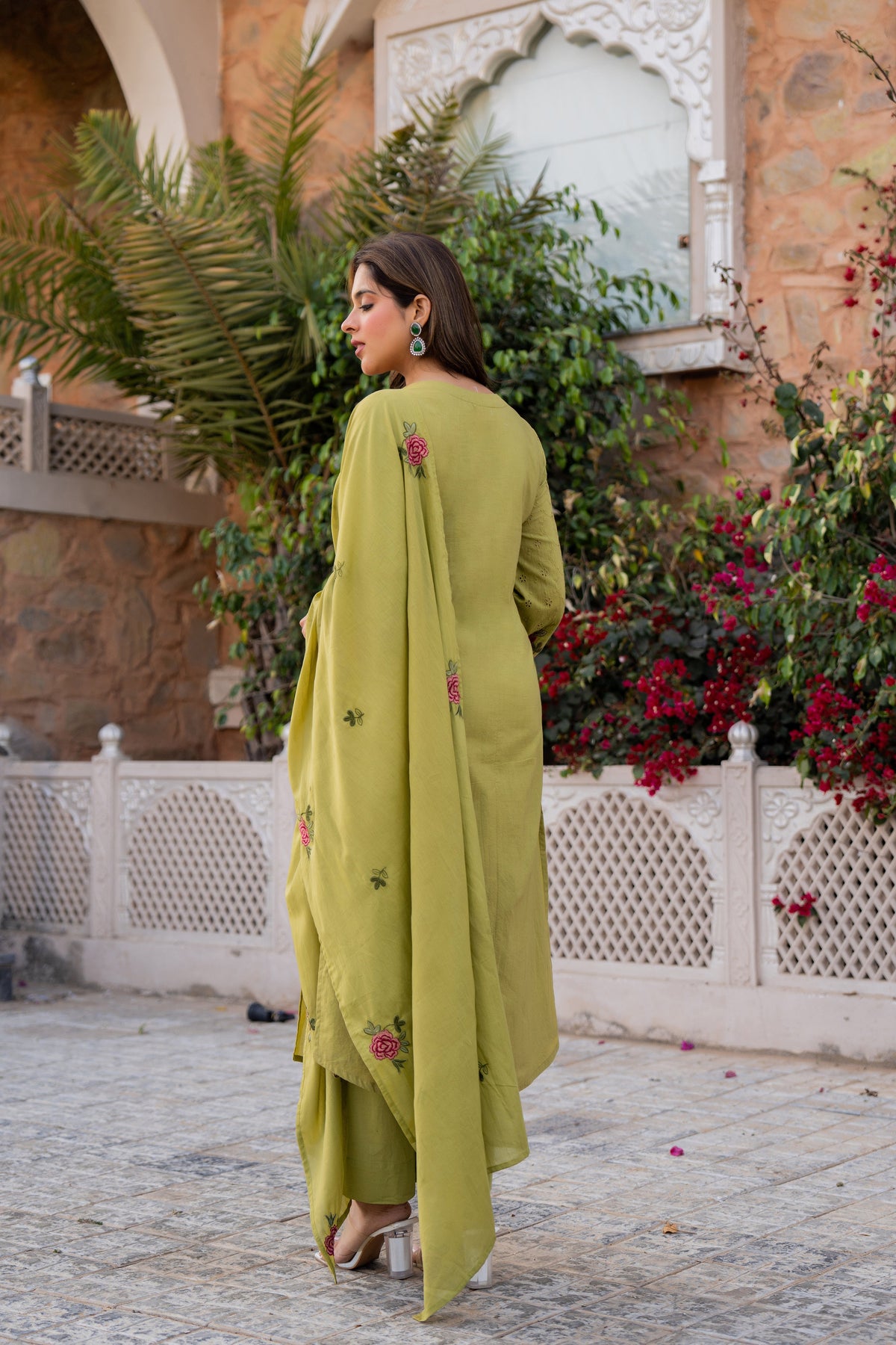 PRIYA OLIVE GREEN COTTON CHIFFLI SUIT SET