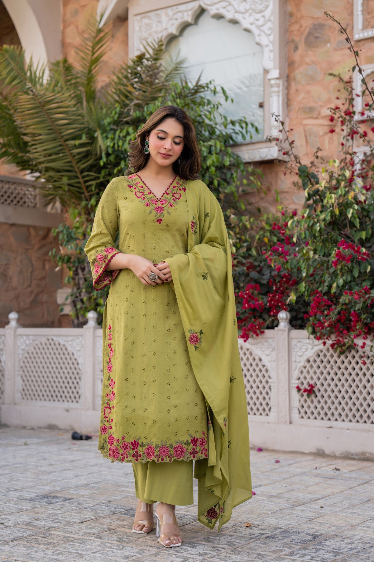 PRIYA OLIVE GREEN COTTON CHIFFLI SUIT SET