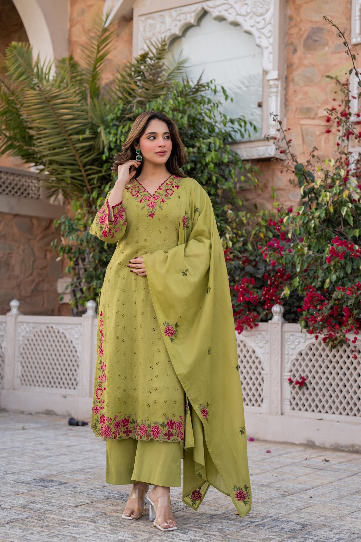 PRIYA OLIVE GREEN COTTON CHIFFLI SUIT SET