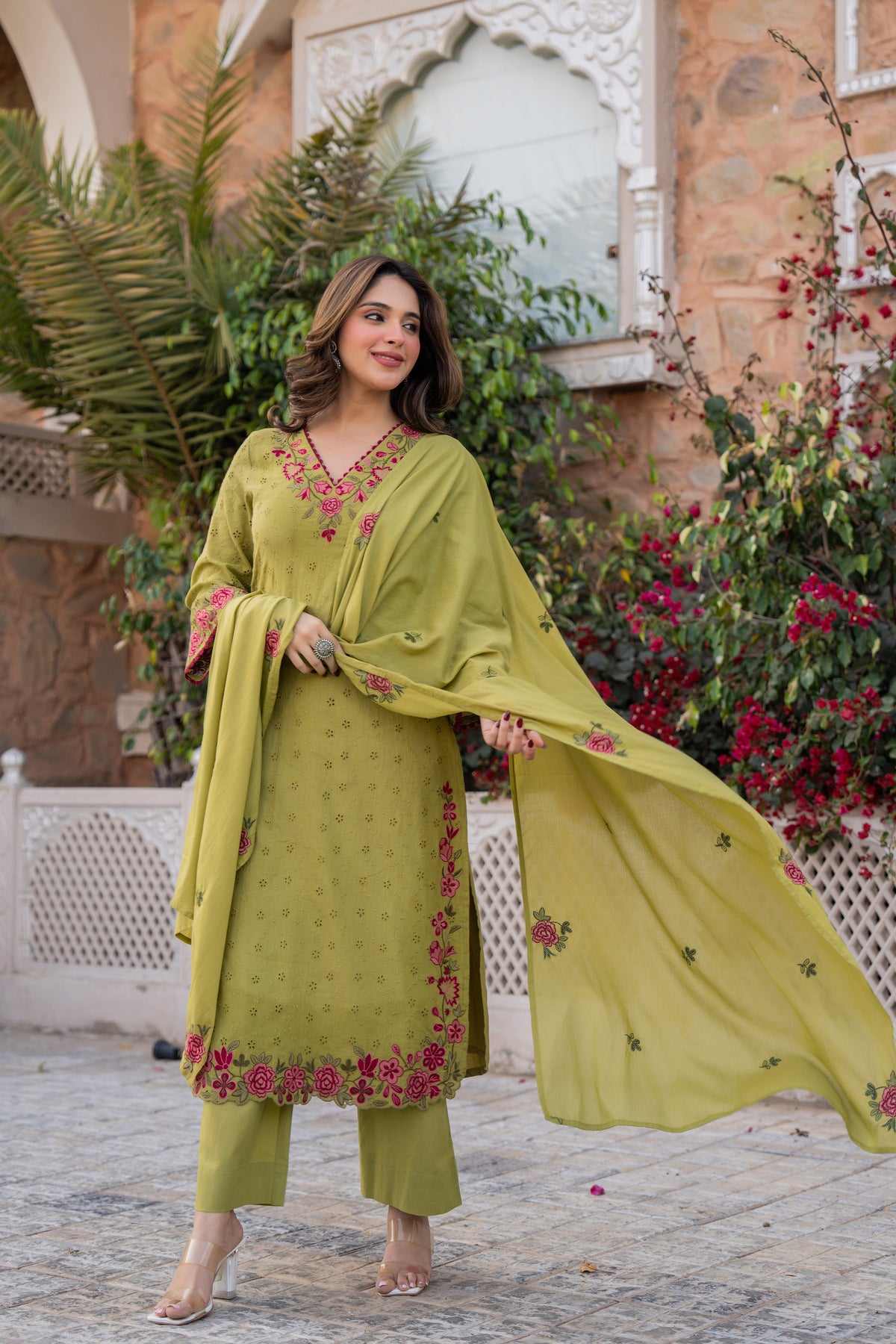 PRIYA OLIVE GREEN COTTON CHIFFLI SUIT SET