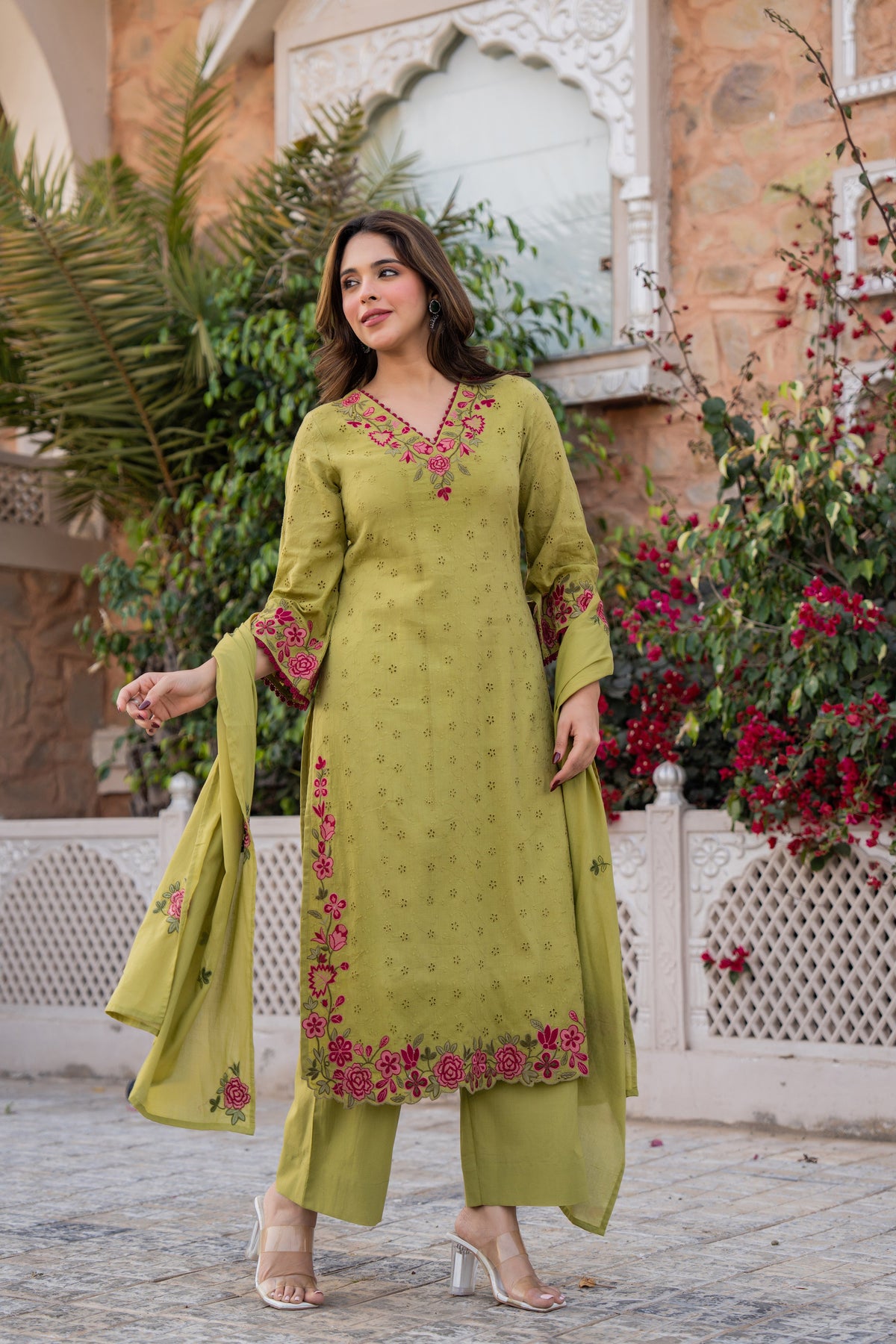 PRIYA OLIVE GREEN COTTON CHIFFLI SUIT SET