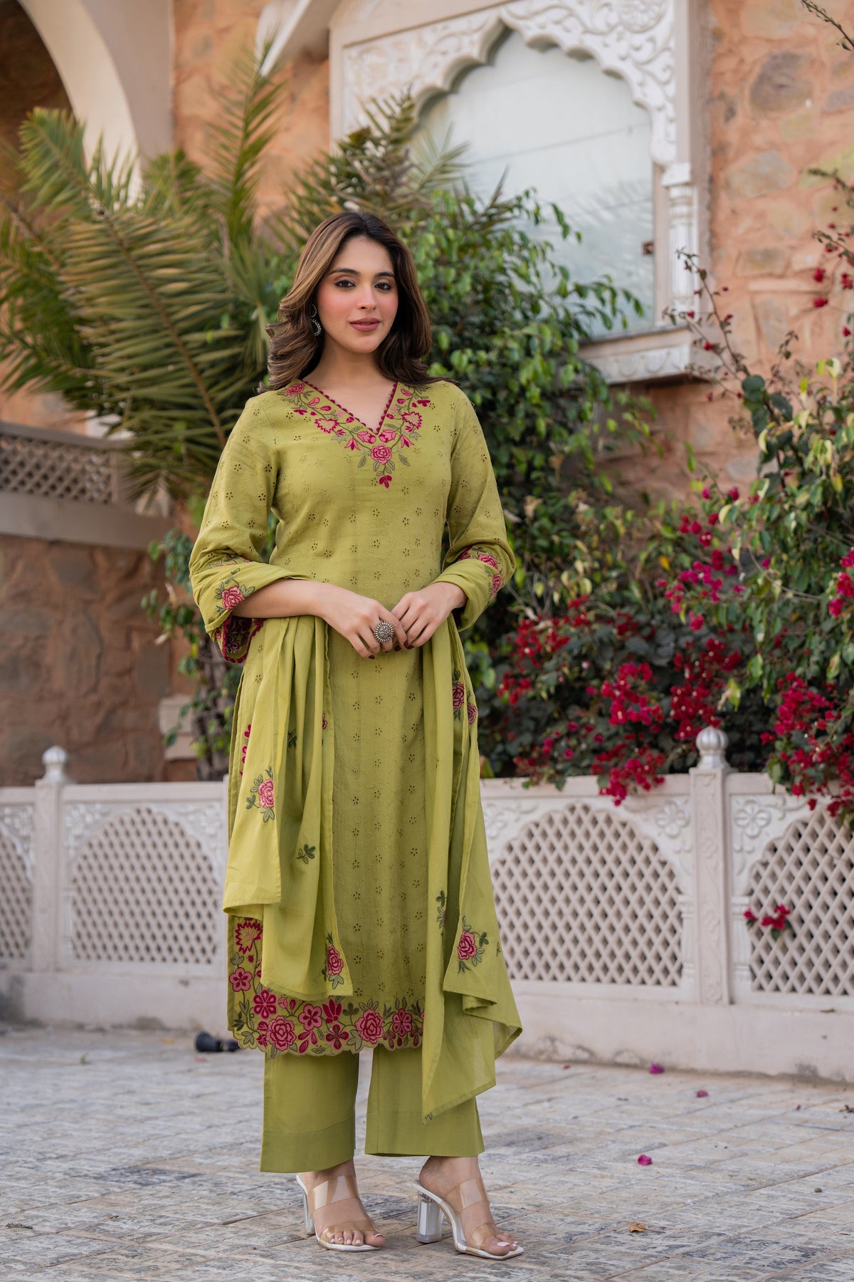 PRIYA OLIVE GREEN COTTON CHIFFLI SUIT SET