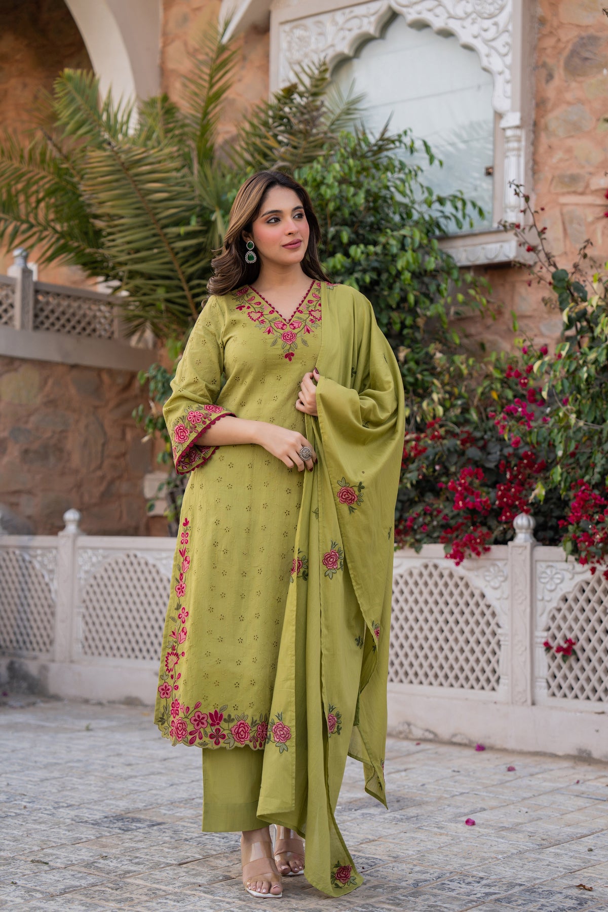 PRIYA OLIVE GREEN COTTON CHIFFLI SUIT SET