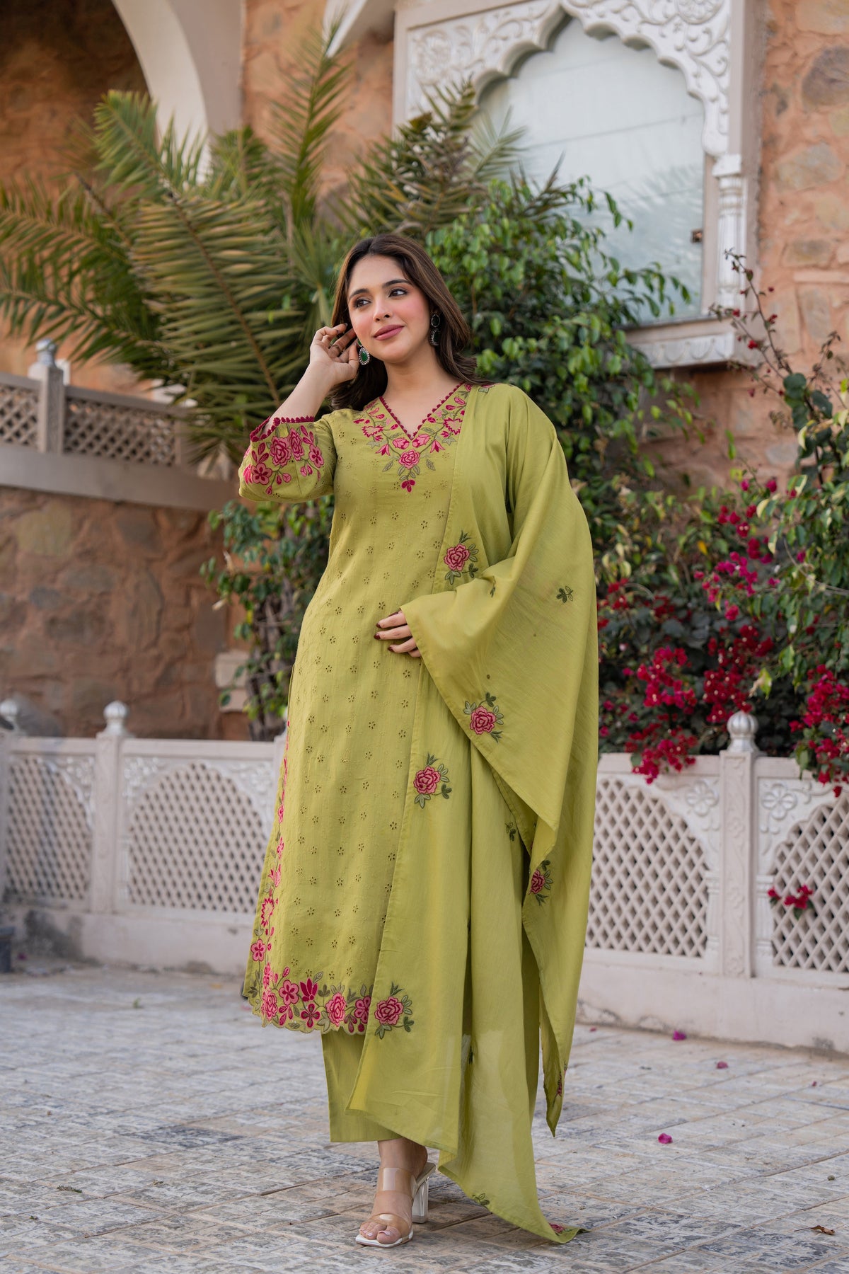PRIYA OLIVE GREEN COTTON CHIFFLI SUIT SET