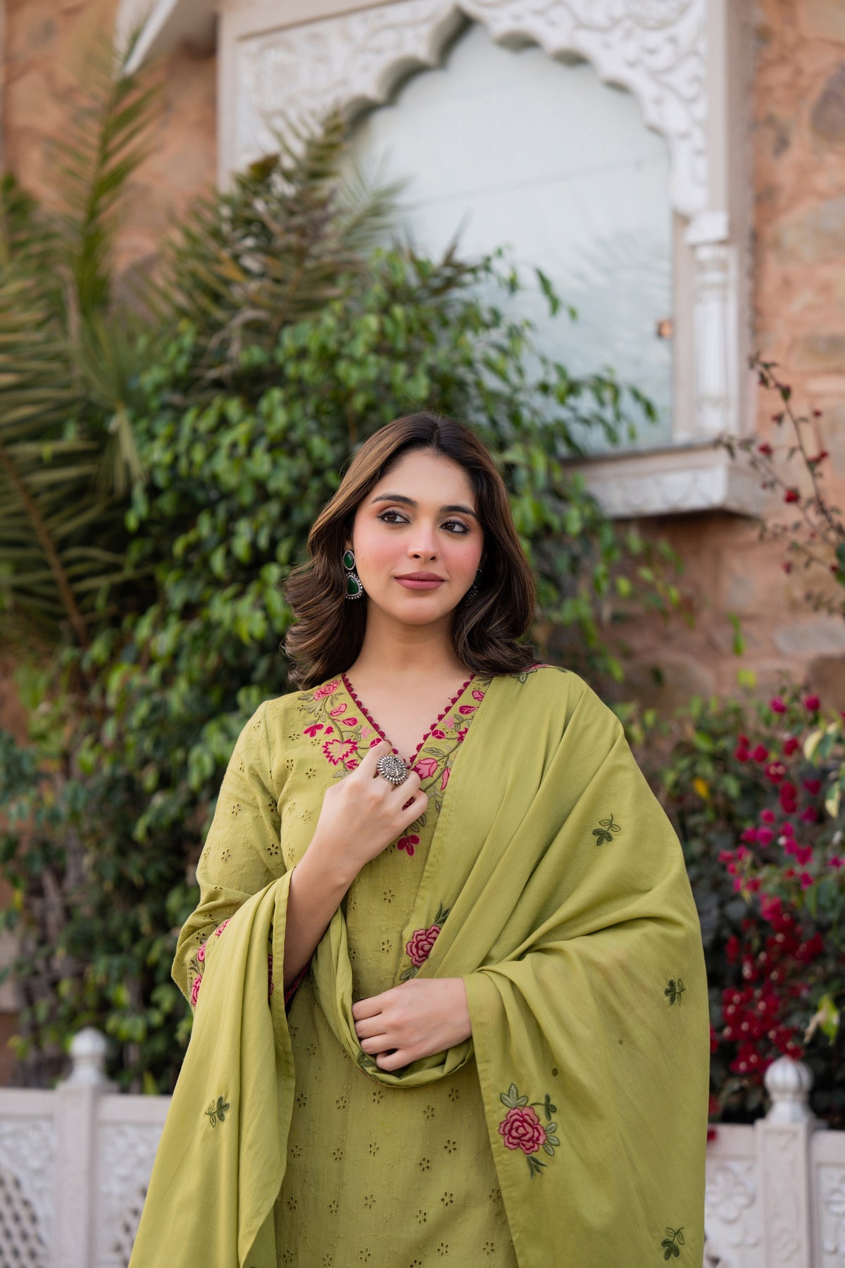 PRIYA OLIVE GREEN COTTON CHIFFLI SUIT SET