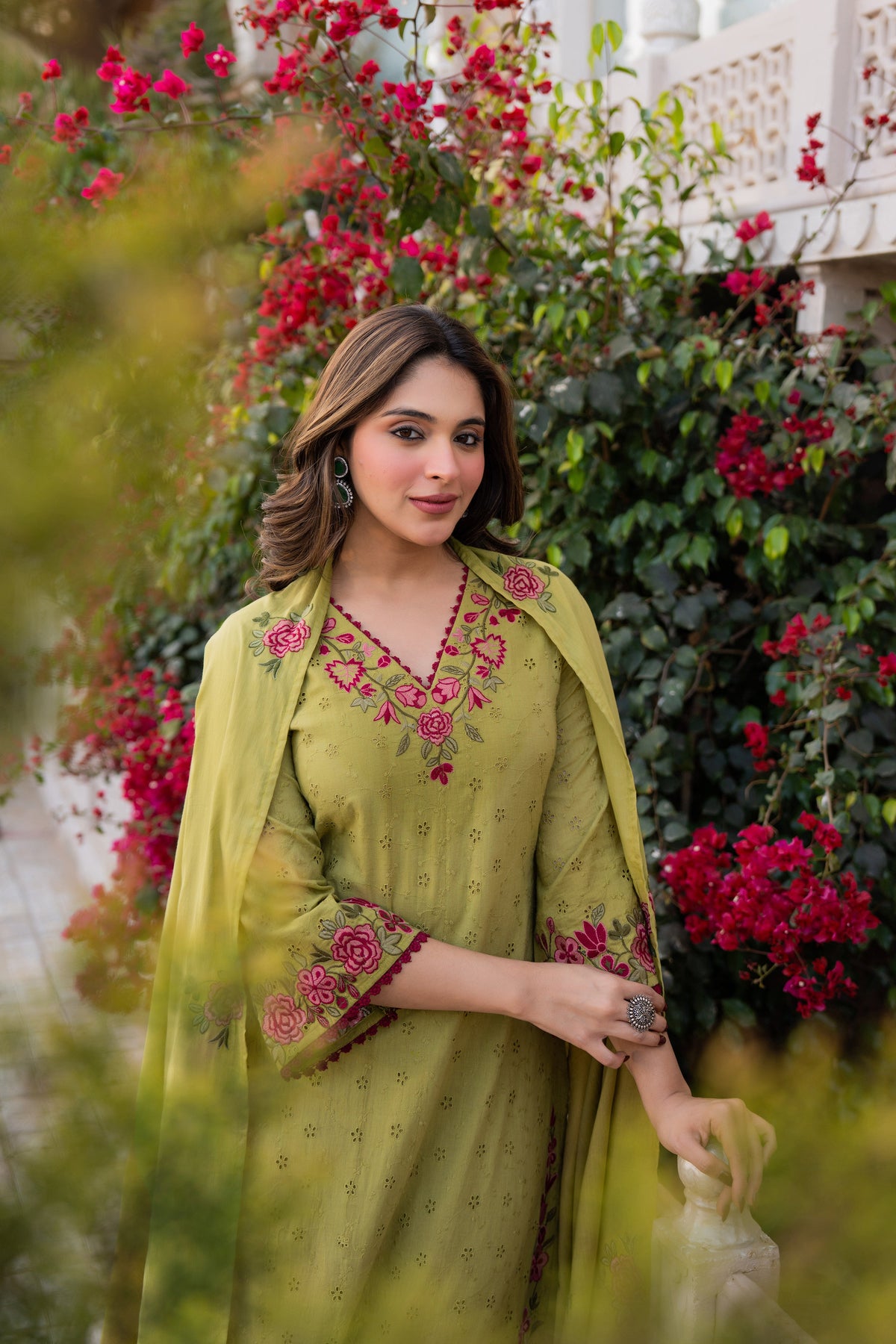 PRIYA OLIVE GREEN COTTON CHIFFLI SUIT SET