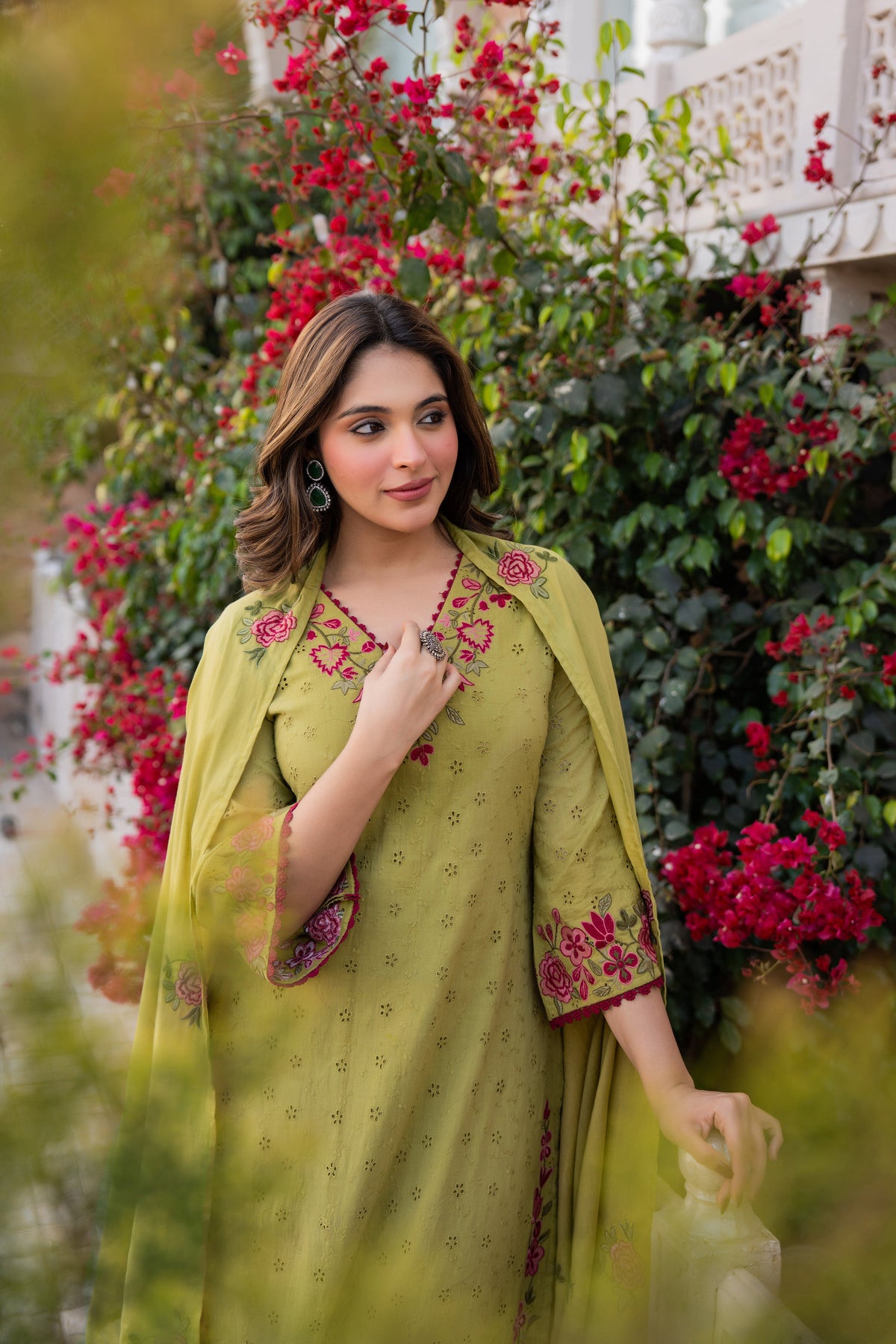 PRIYA OLIVE GREEN COTTON CHIFFLI SUIT SET