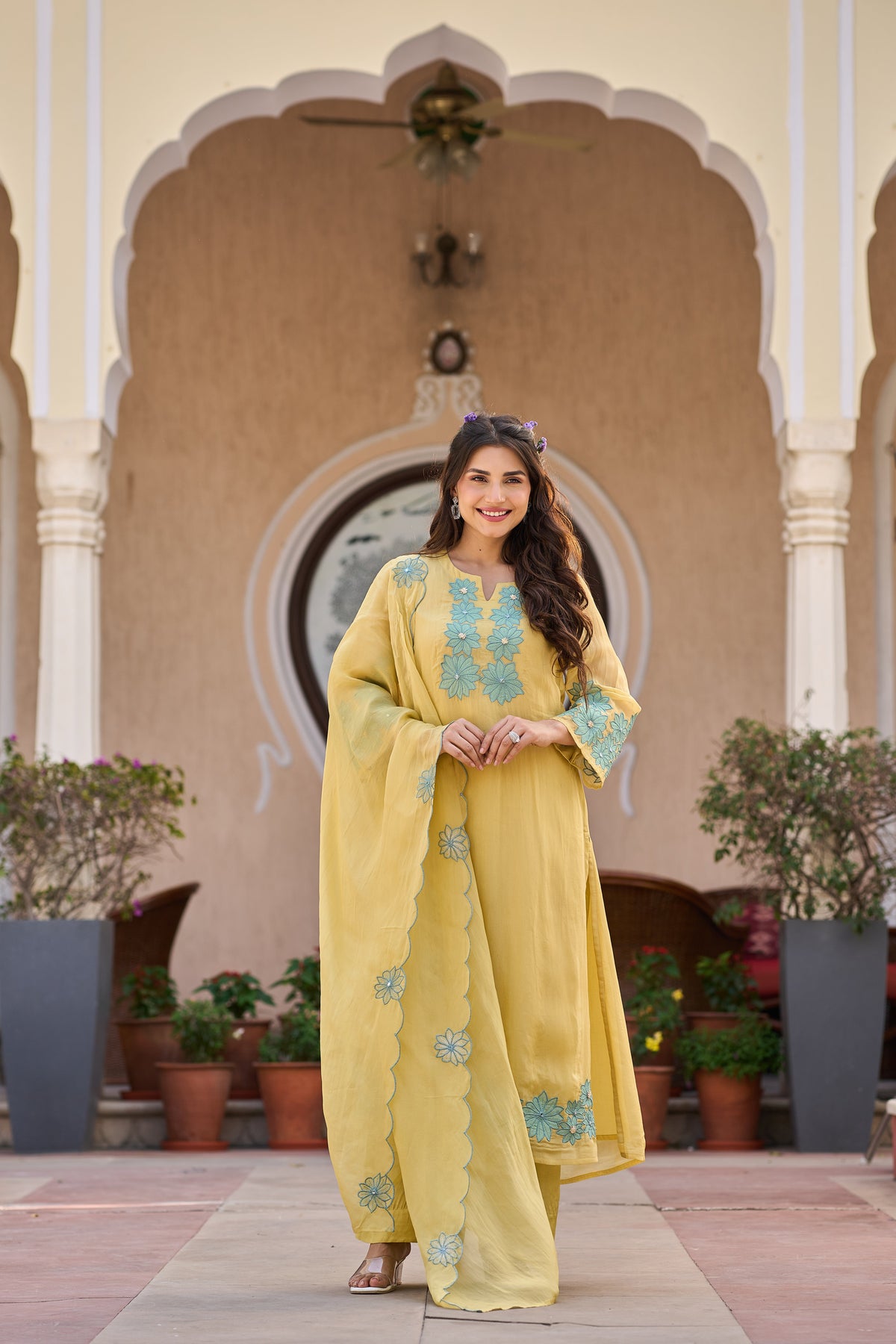 TARA YELLOW EMBROIDERED ORGANZA SUIT SET