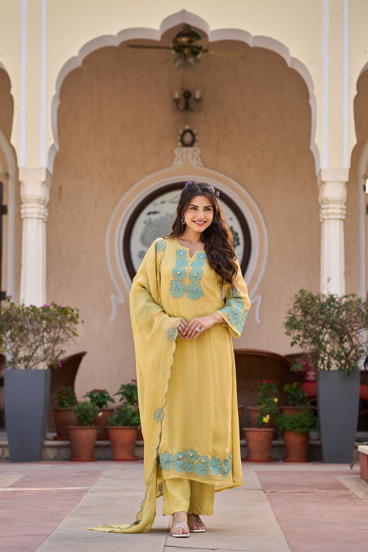 TARA YELLOW EMBROIDERED ORGANZA SUIT SET