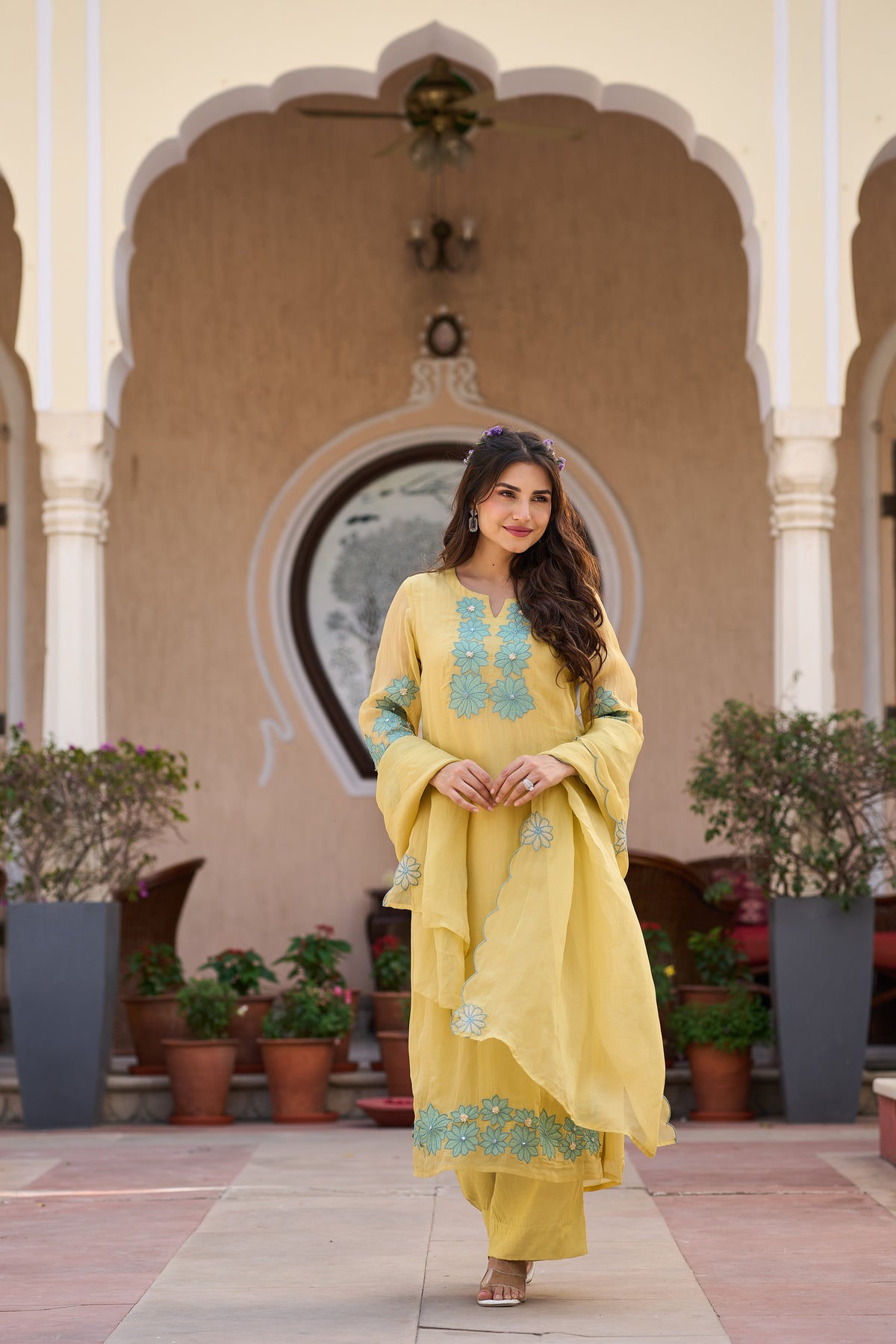 TARA YELLOW EMBROIDERED ORGANZA SUIT SET