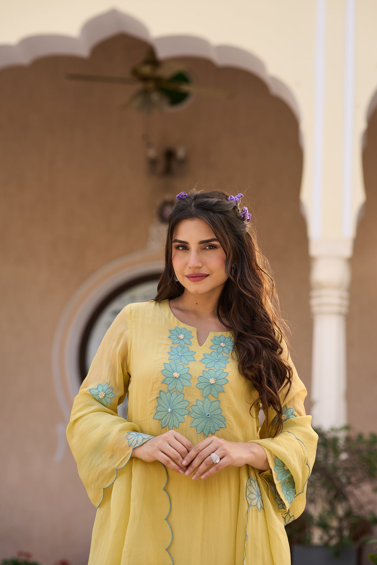TARA YELLOW EMBROIDERED ORGANZA SUIT SET