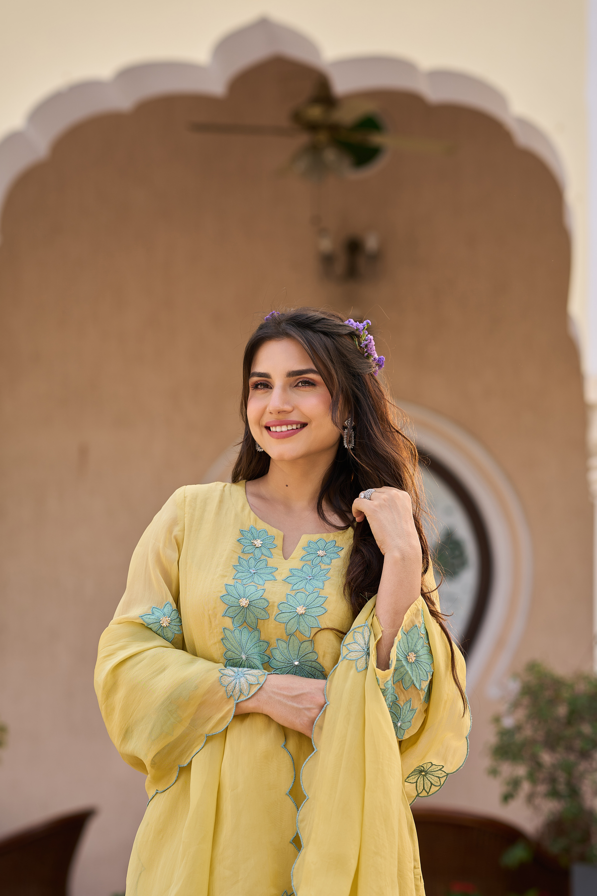 TARA YELLOW EMBROIDERED ORGANZA SUIT SET