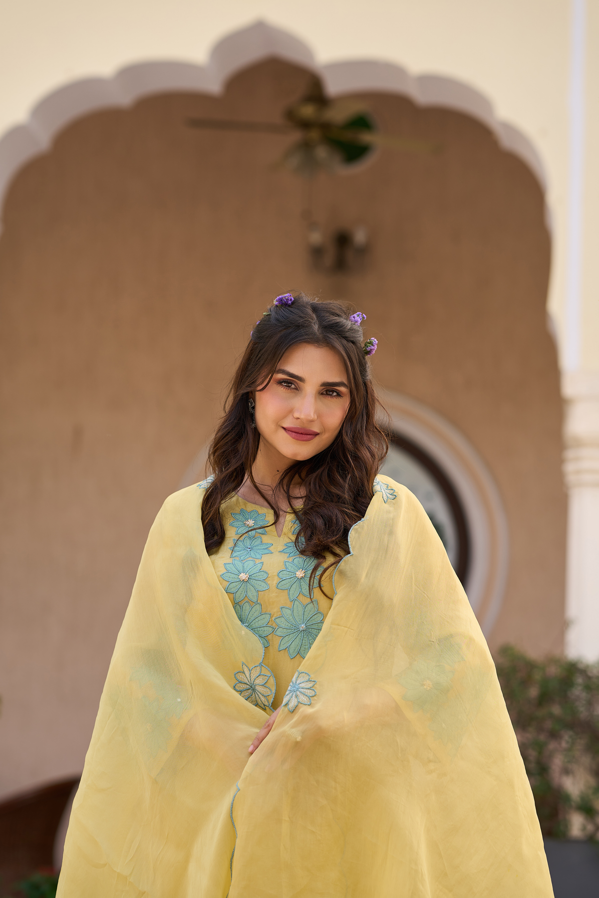 TARA YELLOW EMBROIDERED ORGANZA SUIT SET