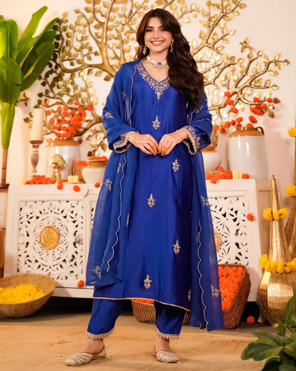SARGUN BLUE PREMIUM RUSSIAN SILK HANDWORK  SUIT