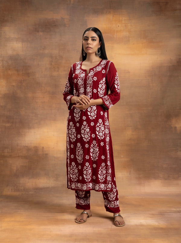 YUSRA MAROON MODAL CHIKANKARI KURTA PALAZZO SET