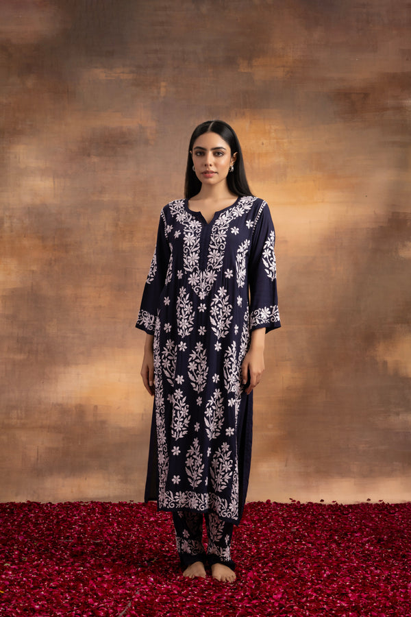 YUSRA NAVY BLUE MODAL CHIKANKARI KURTA PALAZZO SET
