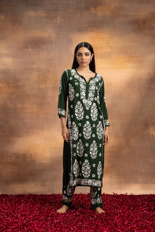 YUSRA BOTTLE GREEN MODAL CHIKANKARI KURTA PALAZZO SET