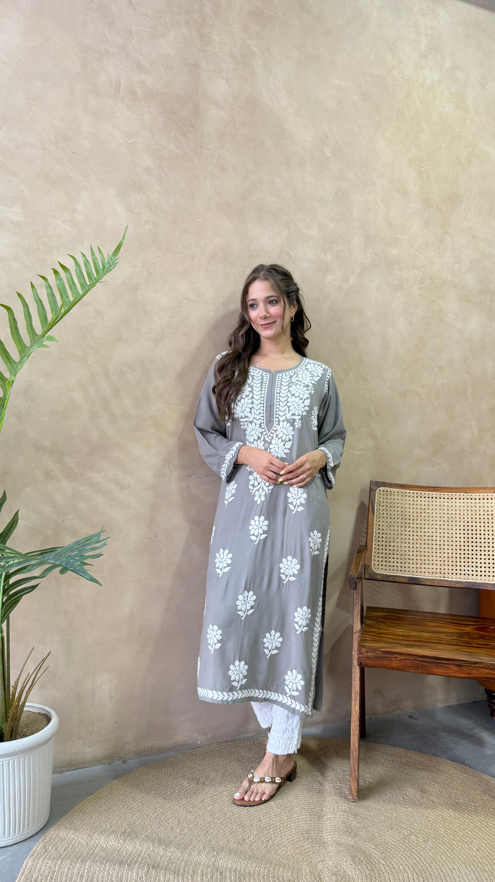 RANJHA GREY PREMIUM RAYON CHIKANKARI LONG KURTA