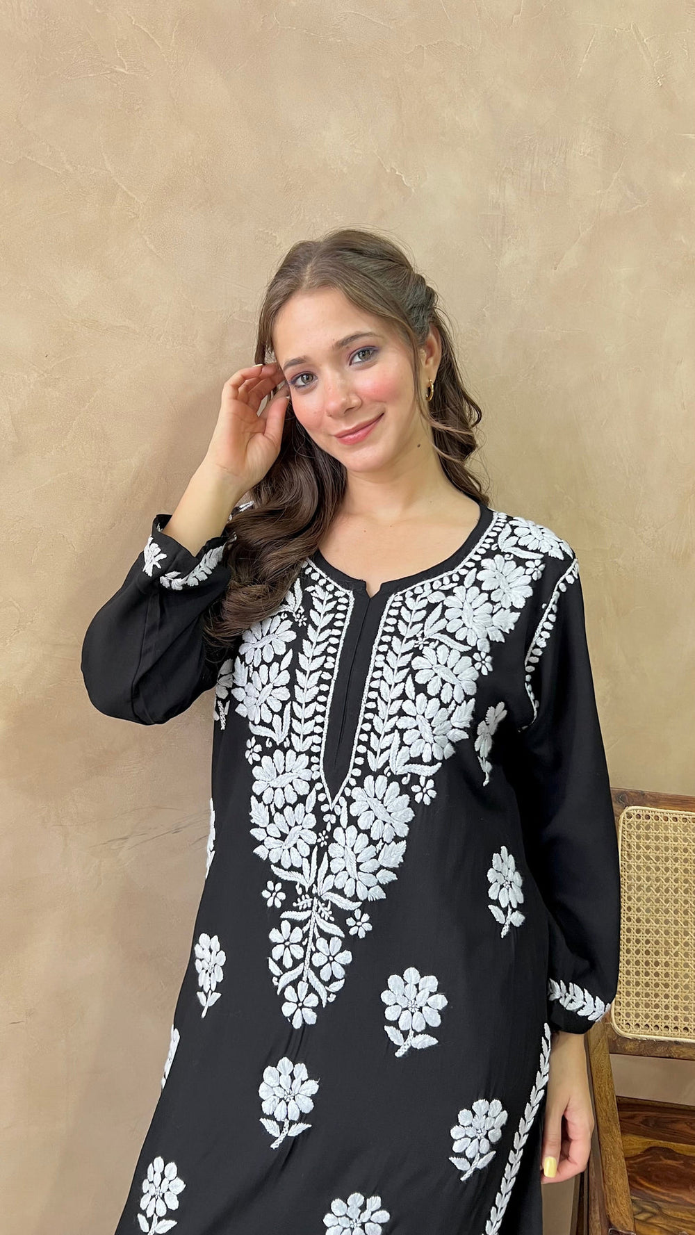 RANJHA BLACK PREMIUM RAYON CHIKANKARI LONG KURTA