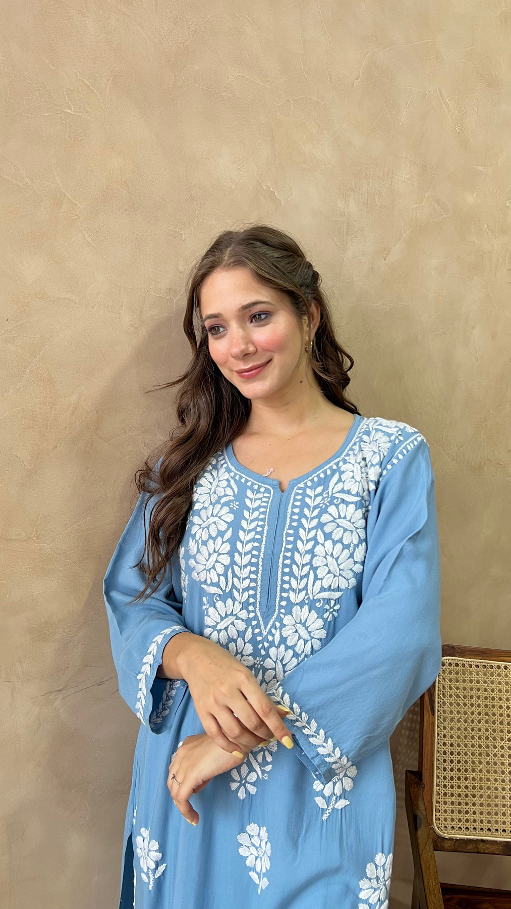 RANJHA POWDER BLUE PREMIUM RAYON CHIKANKARI LONG KURTA