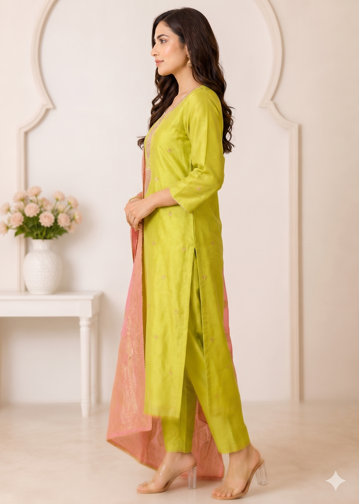 AZHA GREEN PURE TISSUE SILK SUIT SET