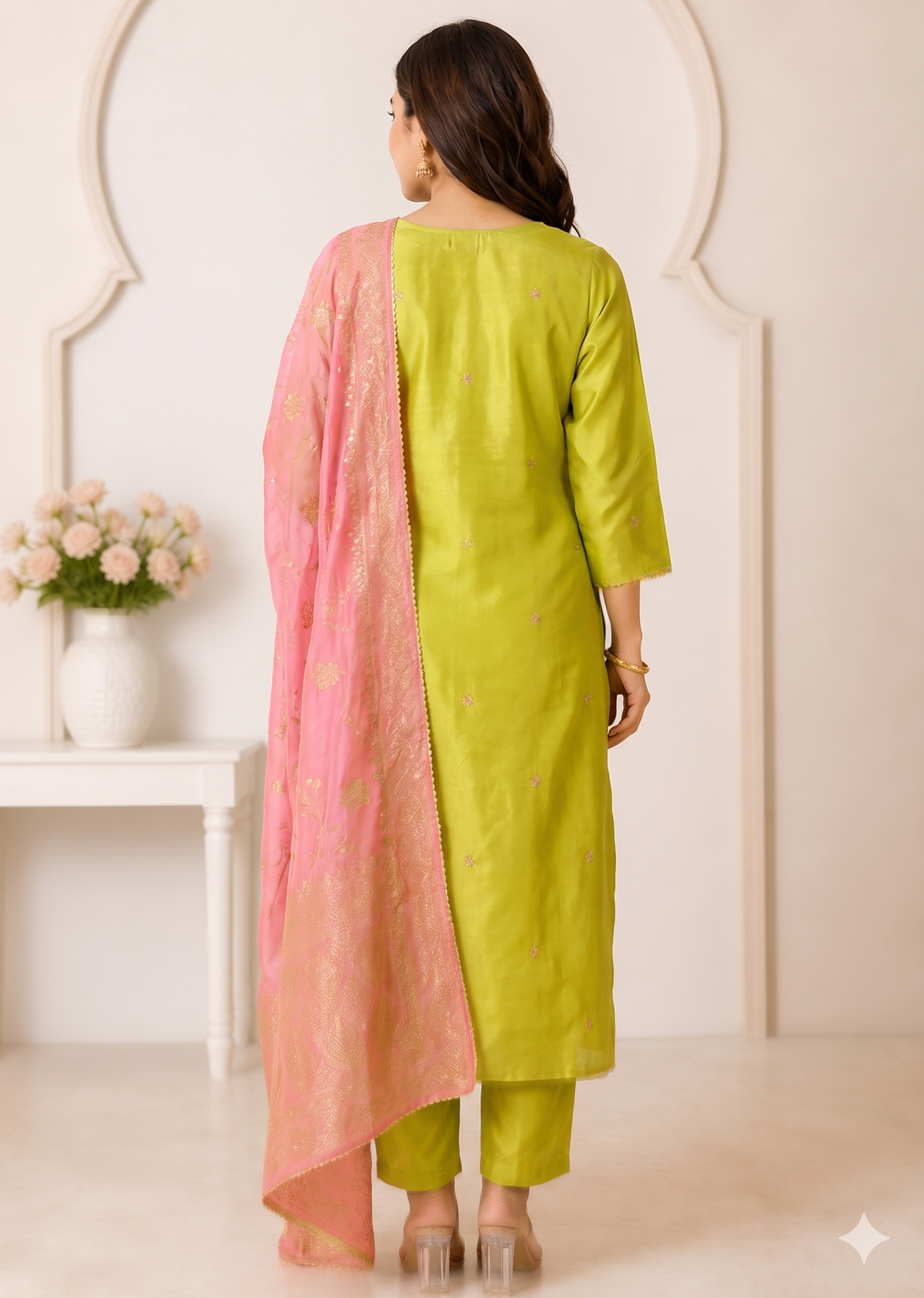 AZHA GREEN PURE TISSUE SILK SUIT SET