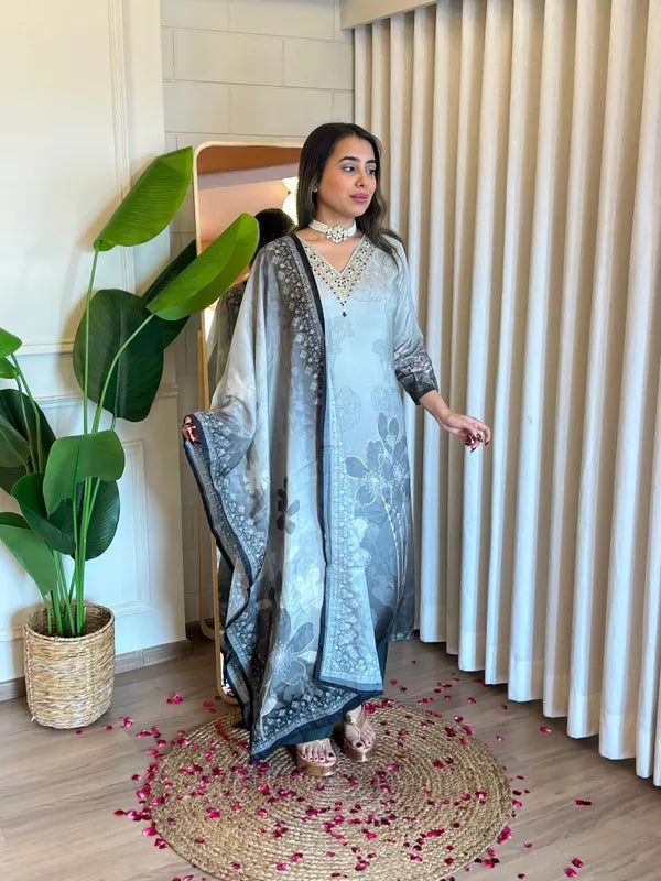 SUHAANA GREY MUSLIN SILK PRINTED SUIT SET
