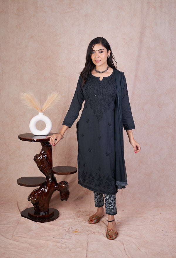 RUHI BLACK COTTON CHIKANKARI SET