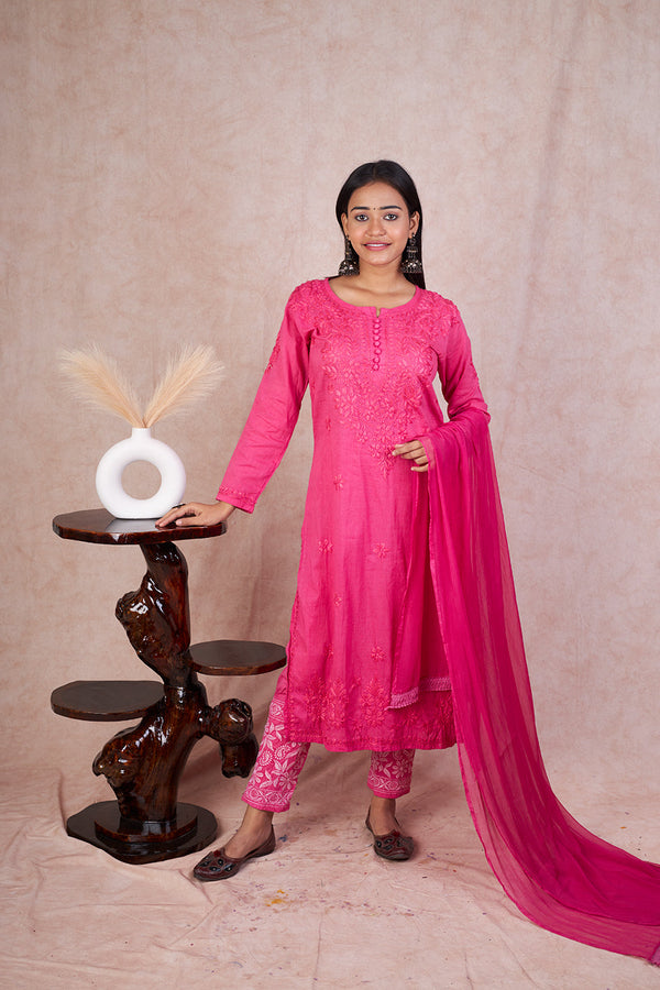 RUHI DARK PINK COTTON CHIKANKARI SET