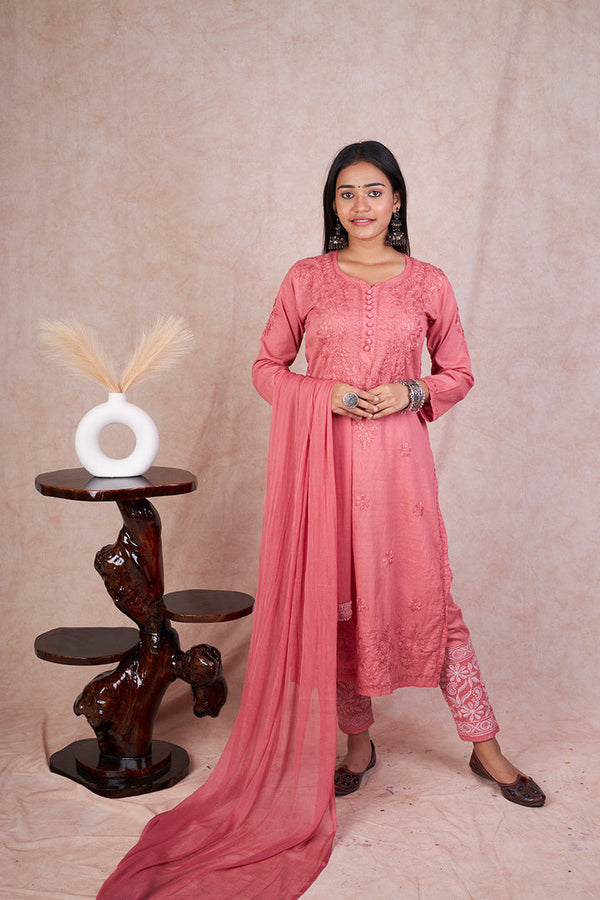 RUHI BROWN COTTON CHIKANKARI SET