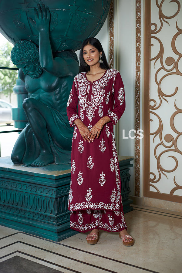 MEHER MAROON PREMIUM MODAL CHIKANKARI KURTA AND PALAZZO SET