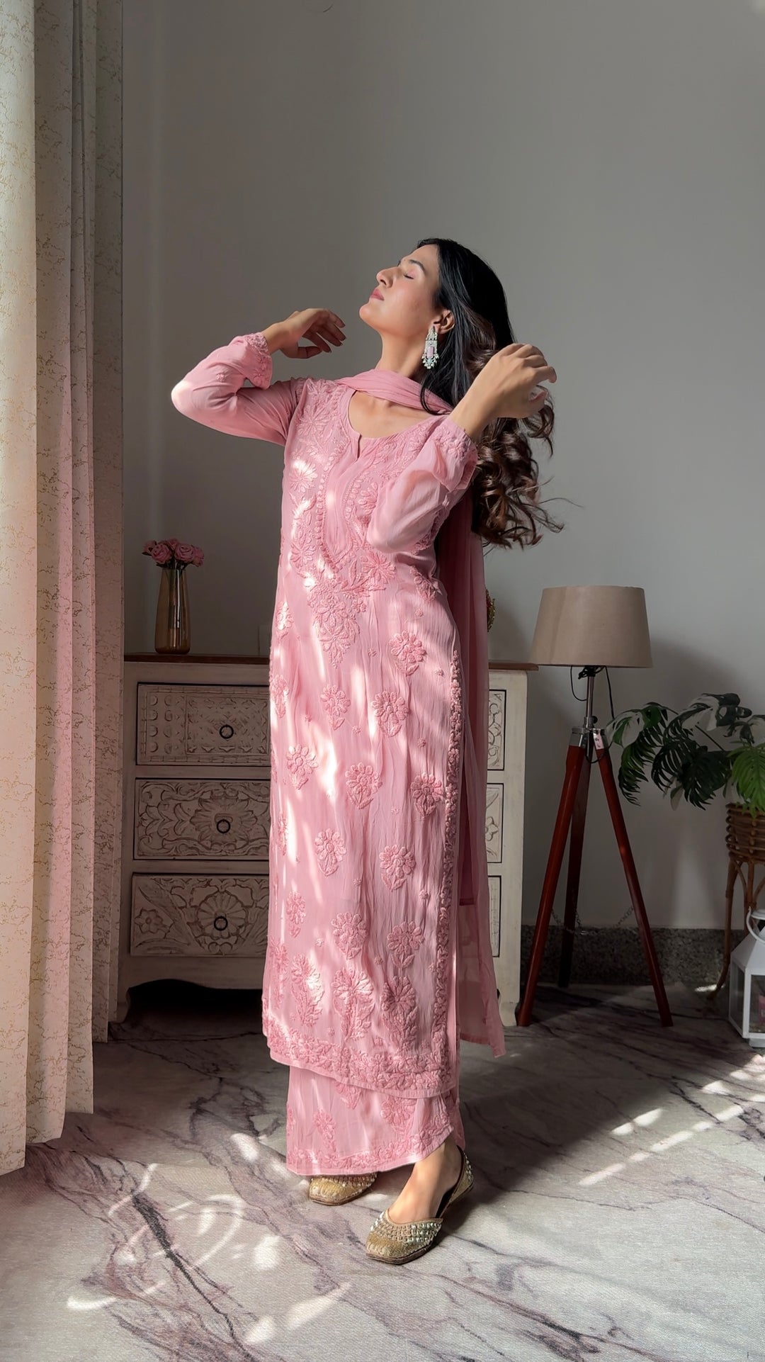 SWATI PREMIUM VISCOSE GEORGETTE 3D WORK PEACH STRAIGHT KURTA SET