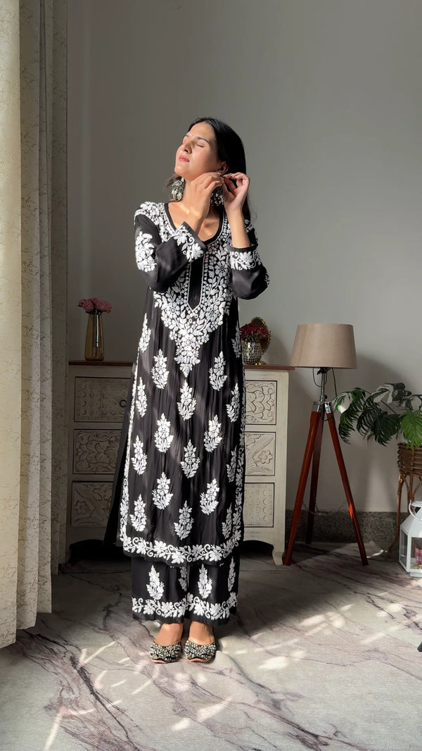 MEHER CHIKANKARI PREMIUM MODAL KURTA AND PALAZZO SET - Ethnic Naari