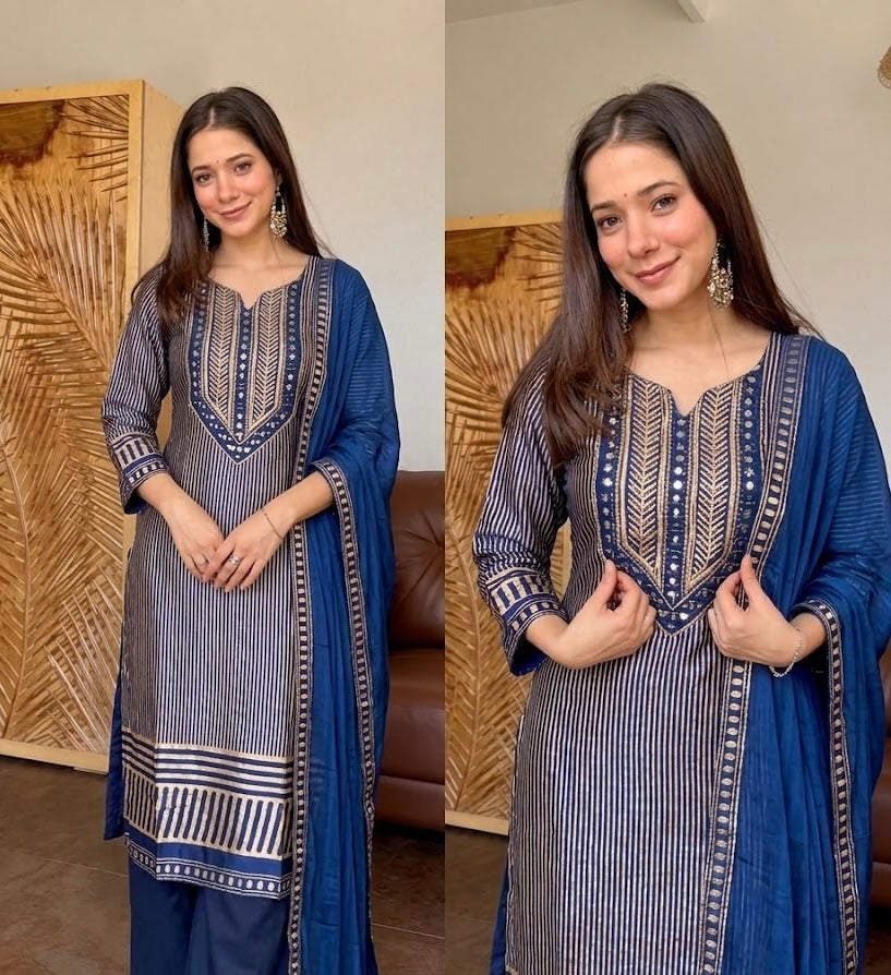 MAHIRA BLUE PURE GAJJI SILK WITH REAL MIRROR SUIT SET