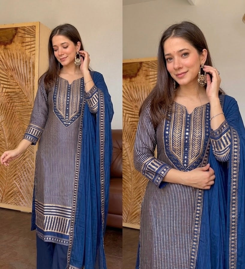 MAHIRA BLUE PURE GAJJI SILK WITH REAL MIRROR SUIT SET