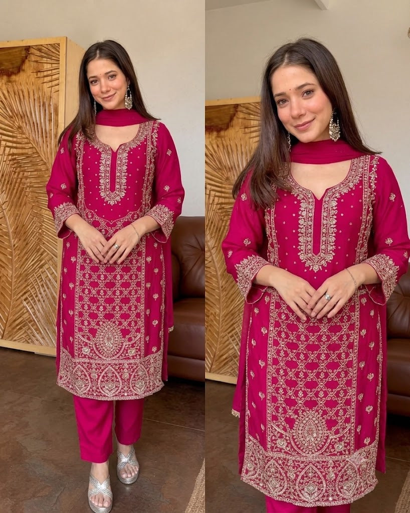 SUHAGAN MAGENTA PREMIUM CHINON HAND EMBROIDERED SUIT SET