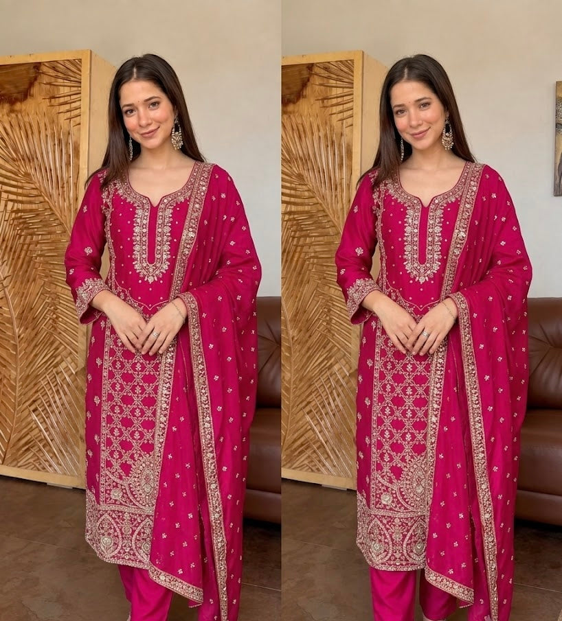 SUHAGAN MAGENTA PREMIUM CHINON HAND EMBROIDERED SUIT SET